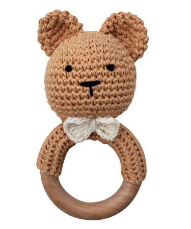 Natural Crochet Teddy Bear Teether Baby Toy Rattle Forest Friends Amigurumi on Natural Wooden Teething Ring Rattle New Born Photography (Teddy Bear Rattle)