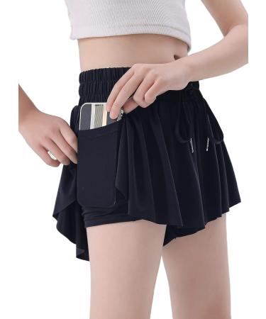 Girls 2-in-1 Athletic Butterfly Skort with Pockets - Black XS | Youth Teen Kids Running Sports Dance Shorts - Buy Online on GoSupps.com