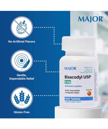 MAJOR Bisacodyl 5 mg - Comfort Coated Stimulant Laxative for Gentle Dependable Constipation Relief - 1000 Tablets (1 Pack) - Buy Online on GoSupps.com