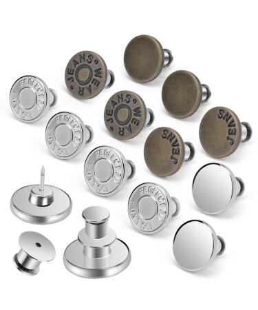 12 Sets Button Pins for Jeans Pants, Adjustable Reusable Jean Buttons Pins Instant Reduce Loose Jeans, No Sew and No Tools Metal Pants Button Replacement, Clips Jean Button Tightener