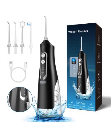 Water Flosser for Advance Teeth Cleaning - 4 Modes Cordless Portable Oral Care Irrigator 4 Jet Tips 310ML Water Tank Capacity with IPX7 Waterproof Dental Floss Cleaning Device (Black)
