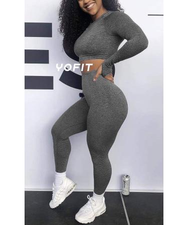 YOFIT Women's Seamless High Waist Yoga Leggings & Crop Top Set - Grey - Buy Online on GoSupps.com
