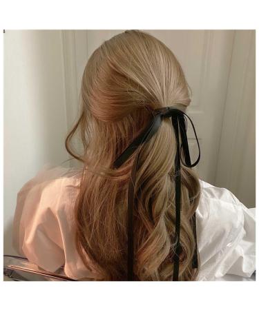 Dervivea Vintage Black Ribbon Bow Hair Ties Rope Silk Satin Bow Hair Rope Long Ribbon Bow Hair Scrunchies Bowknot Ponytail Holder Hair Tie Elastic Hair Tie Decorative Hair Accessories for Women