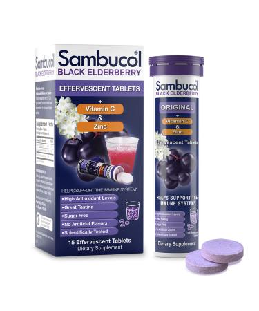 Sambucol Black Elderberry Tablets with Vitamin C & Zinc - Immune Support Supplement, Black Elderberry with Zinc and Vitamin C Effervescent Tablets, High Antioxidants, Drink Fizzies - 15 Tablets