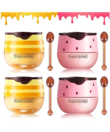 4 PCS Honey Lip Balm Pot Strawberry Honey Propolis Lip Mask Moisturizing Prevention Dry and Cracked Lip Scrubs Exfoliator Lip Sleep Mask Reduces Lip Lines (2pcs honey+2pcs strawberry)