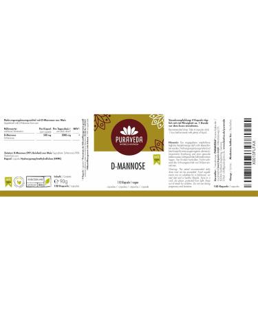 Puraveda Biotiva Mannose Capsules - 150 Capsules - No Additives - Vegan - No Separating Agents or Fillers - Bottled by Hand in Germany - Buy Online on GoSupps.com