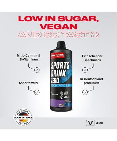 Body Attack Zero Sports Drink - Blueberry Flavor - 1000 ML | Vegan Energy Drink Concentrate | Low Sugar & Fat | Vitamins & Minerals | Made in Germany - 200 Portions - Buy Online on GoSupps.com