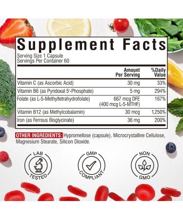 Iron Supplement for Women & Men with Vitamins C B6 B12 & Folate for Iron Deficiency Blood Building & Energy Support Stomach Friendly Better Absorption Non-GMO No Gluten 60 Vegan Caps 60 Count (Pack of 1) - Buy Online on GoSupps.com