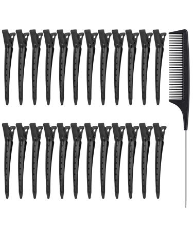 24pcs Hair Sectioning Clips with Styling Comb 3.5 Inches Duckbill Hair Clips Metal Crocodile Hairdressing Curl Clips Black
