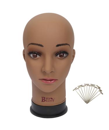 BHD BEAUTY Bald Mannequin Head Brown Female Professional Cosmetology for Wig Making, Display wigs, eyeglasses, hairs with T pins 22'' 22 Inch (Pack of 1) Brown