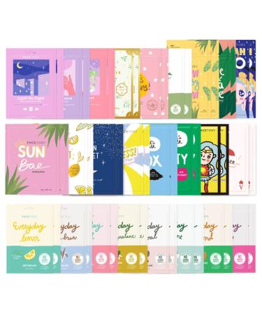FaceTory 50 Pack Sheet Mask Collection - 2 of Each Mask, Hydrating Essence Facial Mask, for All Skin Types, Nourishing, Illuminating, Soothing, Refreshing, Collection Variety Pack with Collagen, Cica, Niacinamide, and More…