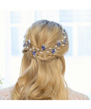 IYOU Bridal Wedding Hair Vine Blue Rhinestone Headband Leaf Pearl Prom Headpiece Accessories for Bride Bridesmaid - Buy Online on GoSupps.com