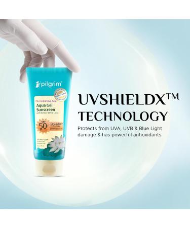 Pilgrim Aqua Gel Sunscreen SPF 50+ PA++++ with 1% Hyaluronic Acid & Korean White Lotus | Broad Spectrum UV Protection | Lightweight Hydrating Sunscreen for All Skin Types | 1.69 Fl Oz (50 ml) - Buy Online on GoSupps.com