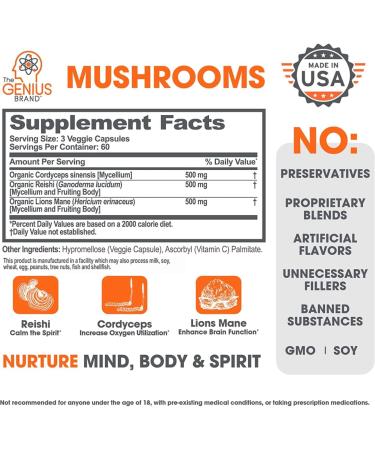 Genius Mushroom Nootropic Brain Supplement - Lions Mane, Cordyceps, Reishi - Natural Energy & Memory Support - 180 Veggie Pills - Buy Online on GoSupps.com