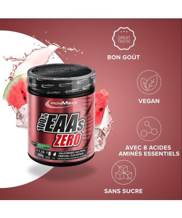 IronMaxx 100% EAAs Zero - Watermelon 500g Box | Vegan EAA powder sugar-free and rich in 8 essential amino acids | fruity taste no preservatives - Buy Online on GoSupps.com