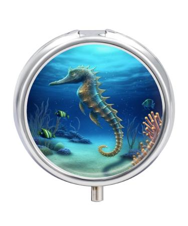 Pill Box Pill Case 3 Compartment Travel Pill Box Ocean Seahorse Printing Small Pill Box Portable Medicine Pill Case Pill Organizer for Purse & Pocket for Travel Handbag (Round)