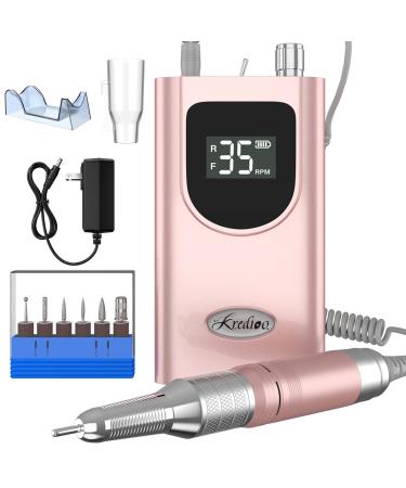 35000RPM Professional Nail Drill Machine, Kredioo Pro Electric Drill for Acrylic Nails Rechargeable Portable with 6 Bits, Sanding Bands, Cordless Efile for Gels Manicure Salon-PINK