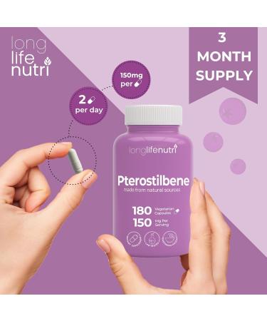 Pterostilbene Supplement 150mg Elevate Cellular Energy 180 Vegan Capsules 3 Month Supply Pure Organic Pterostilbene Extract Made in USA Non GMO Clean Label Easy Swallow Antioxidant Support 180 Count (Pack of 1) - Buy Online on GoSupps.com