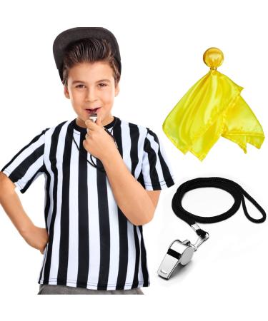 3 Pcs Children's Kids Referee Shirt Costume, Black and White Stripe Umpire Jersey Stainless Steel Whistle with Lanyard Yellow Penalty Flag for Basketball Football Halloween Costume Crew Neck Small