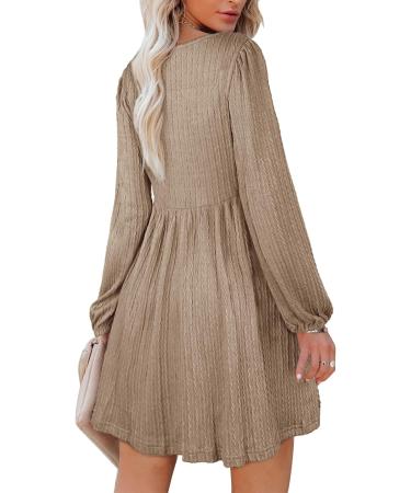 Aokosor Long Sleeve Knit Dress | Square Neck Jumper Dress | Knee Length Babydoll - Apricot - Buy Online on GoSupps.com