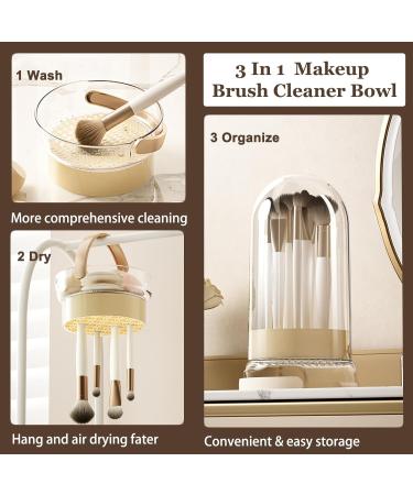 3 in 1 Makeup Brush Cleaner Mat & Bowl Set - Dust-proof Lid Hanging Drying Basket for Brushes & Sponges - Organize & Clean Makeup Tools (Cream - Buy Online on GoSupps.com