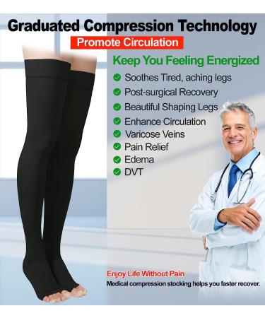 XXL Thigh High Compression Stockings - Open Toe Pair with Silicone Band - 20-30mmHg Firm Support for Varicose Veins, Edema, Swelling - Unisex Opaque Gradient Compression Socks in Black - Buy Online on GoSupps.com