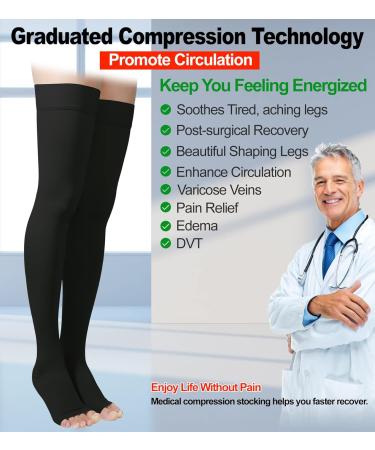 Firm Support Thigh High Compression Stockings Open Toe 20-30mmHg Gradient Socks - Black, M - Unisex - Best for Varicose Veins & Edema - Buy Online on GoSupps.com