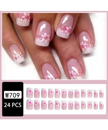 Pink Press on Nails - Medium Square Fake Nails with Flower Designs | Glossy Nude Pink Cherry Blossom - Reusable Acrylic Full Cover - 24PCS - Buy Online on GoSupps.com