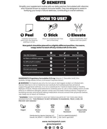 Nectar Daily Patches | 10-Pack for Daily Immune Support & Wellness | with Echinacea, Vitamin C, Zinc, & Ginkgo Biloba - Buy Online on GoSupps.com
