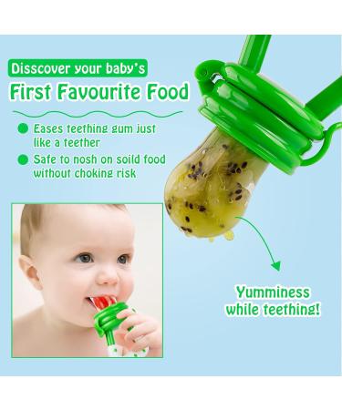 HAOBAOBEI Baby Food Feeder/Fruit Pacifier Teether (2 Pack) with 3 Silicone Pouches - Blue & Green - Buy Online on GoSupps.com