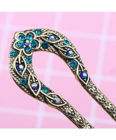 Frcolor Vintage Hair Stick - Crystal Rhinestone Double Prong Hairpin for Elegant Chignons (Blue) | International Shipping Available - Buy Online on GoSupps.com