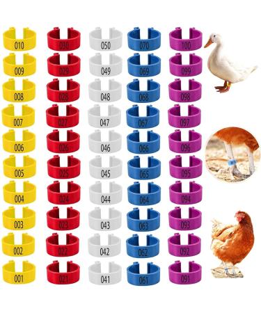 MEISO 100pcs Chicken Leg Rings 5 Colors Numbered Chicken Leg Bands 20mm Colorful Poultry Identification Leg Bands Plastic Clip on Chicken Foot Ankle Rings Tags for Ducks Pigeons Goose Gamefowl