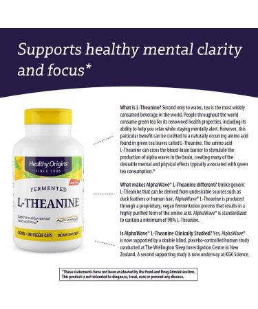 Healthy Origins L-Theanine 100mg 180 Veggie Caps - AlphaWave Formula | 180 Count Pack - Buy Online on GoSupps.com