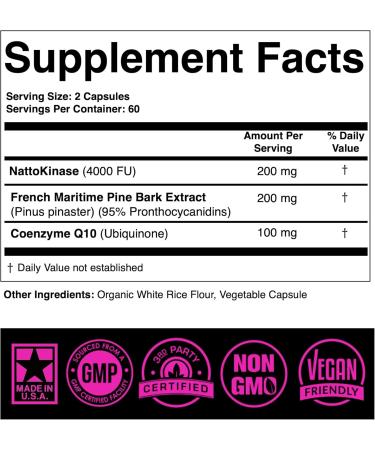 Nattokinase Supplement 4000 FU | CoQ10 100mg & Pine Bark Extract 200mg | Circulatory & Cardiovascular Support | 120 Capsules - Buy Internationally - Buy Online on GoSupps.com