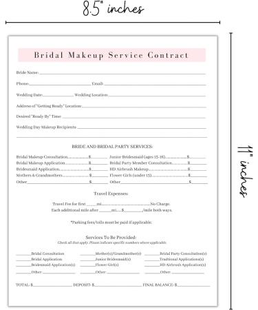 Bridal Makeup Service Contract | 50 Pack | Makeup Artist Supplies | 8.5 x 11 A1 Forms | White & Pink Bridal Contract - Buy Online on GoSupps.com