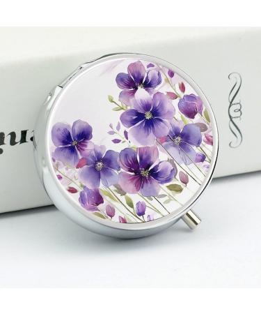 Round Purple Flowers Print Pill Box | 3 Compartment Portable Medicine Organizer | Decorative Metal Pill Case for Travel - Buy Online on GoSupps.com