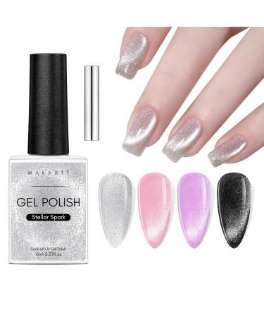 Makartt Holographic Cat Eye Gel Nail Polish Universal Silver Glitter Nail Polish Shiny Glitter Nail Gel with Magnet Stick Shiny Galaxy Gel Polish Soak Off UV/LED Nail Art Salon Manicure DIY Home Stellar Spark