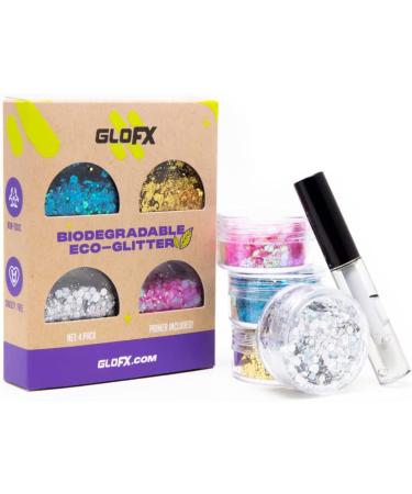 GloFX Biodegradable Makeup Glitter Combination 4 Pack for Hair Face and Body | Perfect Festival and Rave Makeup Accessory
