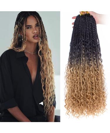 Unionbeauty 24 Inch 8 Packs Boho Box Braids Crochet Hair Curly Ends Goddess Box Braids Crochet Hair for Black Woman Bohemian Hippie Braids Pre-looped Ombre Synthetic Braiding Hair Extension 1B/27# 24 Inch (Pack of 8) 1B/27#