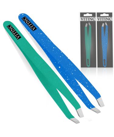 Professional Eyebrow Tweezers Set 2 3PCS  Slanted Tip Tweezer for Eyebrow Facial Hair  Plucking Removing Ingrown Hairs  High Precision Slant Tip Tweezers for Men and Women (Blue/Green)