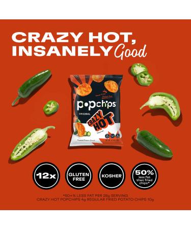Popchips Potato Chips Crazy Hot 0.7oz 12ct Single Serve - Low-Calorie, Kosher, Gluten-Free, Healthy Snacks for Adults & Children - Non-Fried, 3g Fat, 90 Calories Per Bag (Pack of 12) - Buy Online on GoSupps.com