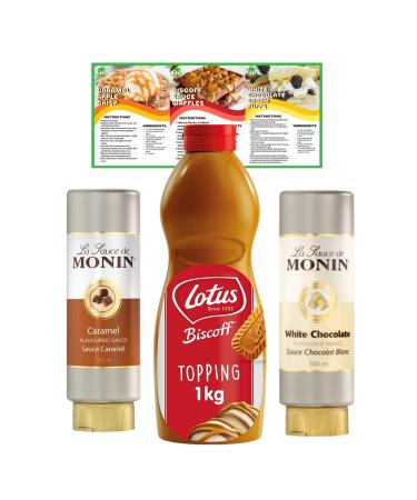 Go2 Groceries Bundle Flavoured Dessert Sauces Biscoff Biscuit Topping (1 kg) La Sauce De Monin Caramel (500 ml) White Chocolate (500 ml) with Recipe Cards Biscoff Topping Sauce La Sauce De Monin Caramel & White Chocolate