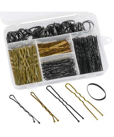 FOCCTS 300pcs Hair Clips and U Hair Pin and 100pcs Hair Ties with Storage Box for Girls and Women Gold and Black