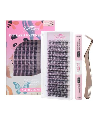 GOO GOO Lash Clusters DIY Cluster Eyelash Extensions Natural Wispy Volume Lashes Curl Individual Lashes Kit with Lash Bond and Seal Lash Tweezers Thin Band & Soft (Leopard Kit C curly 10-16mm) Leopard Eye Kit