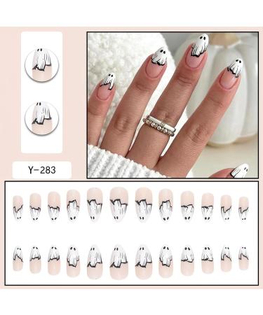 Halloween Press on Nails - Medium Almond Ghost Design | Cute Glue-on Acrylic Nails for Women & Girls | 24Pcs Full Cover French Tips - Buy Online on GoSupps.com