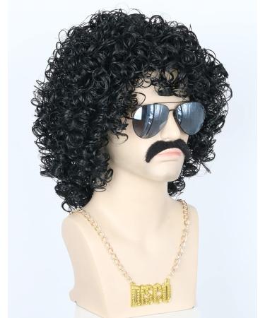 Topcosplay Men's 70s 80s Disco Dude Wig & Moustache Set - Short Curly Afro Shaggy Blonde Mixed Black - Black Wig - Buy Online on GoSupps.com