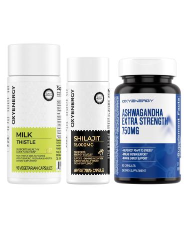 OxyEnergy Silymarin Milk Thistle 300mg & Ashwagandha Capsules-750 mg & Shilajit Capsules 15 000mg