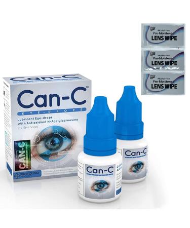 Can - C Eye Drops 2X5ml Vials in 1 Pack, Eye Drop Bundled with Clear View Three Pack Pre-Moistened Lens Wipes Individually Wrapped (Can-C Eye Drop with Wipes)