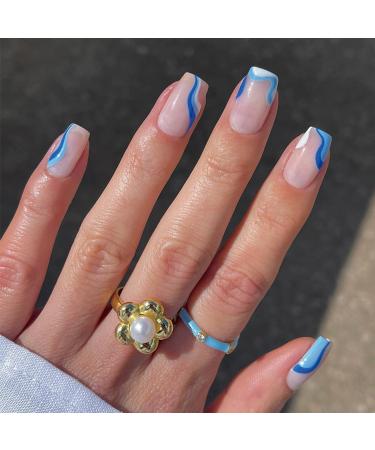 24pcs French False Nails Short - Almond Square Press on Nails - Full Cover Acrylic False Nails With Glue - French Fake Nails Stick on Nails for Women and Girls Nail Art (Blue Stripe)