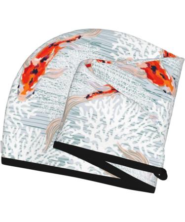 Hair Towel Wrap | Quick Drying Hair Turban with Button - Koi Fish Corals Design for Spring & Summer - Buy Online on GoSupps.com